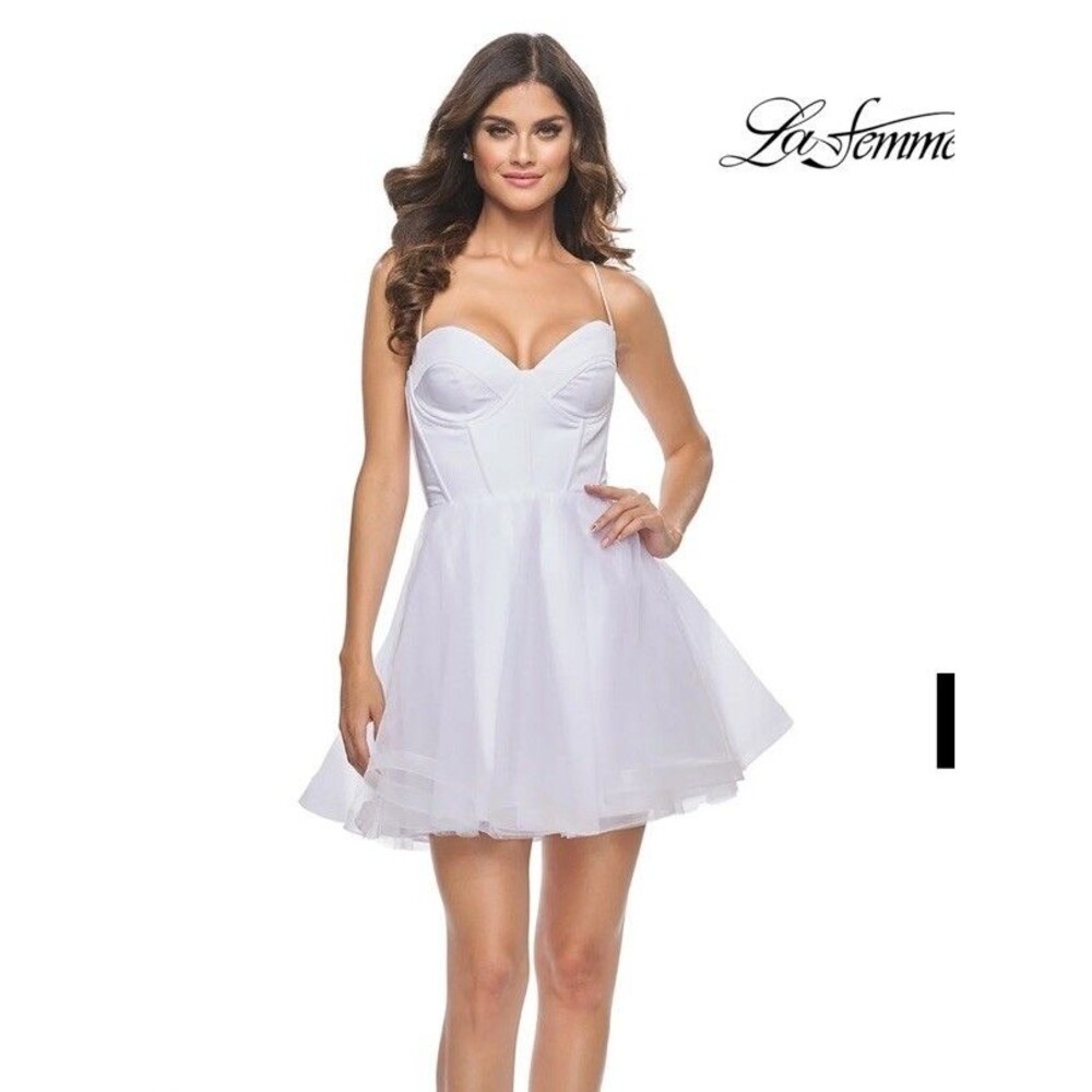 Le Femme White Sweetheart Corset Tulle Lace-Up Back Mini Dress Lined Straps 2